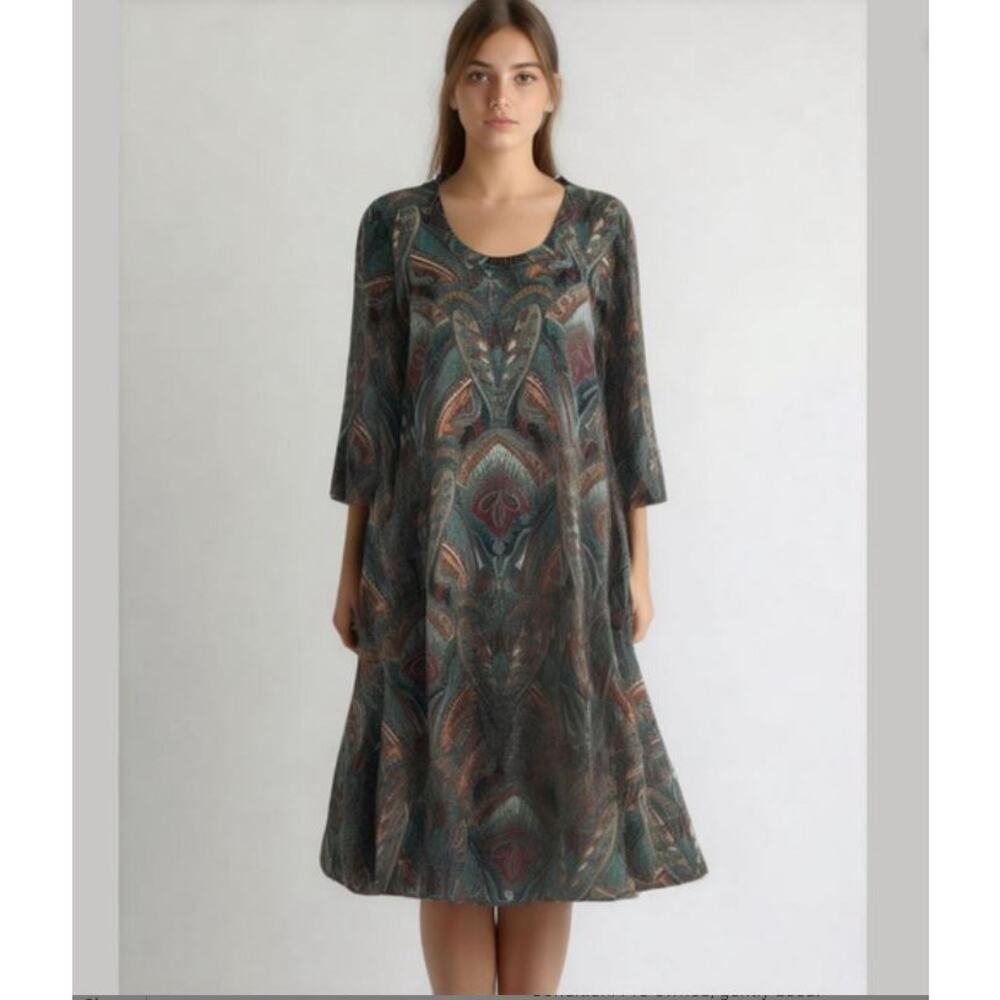 CARMEN by Carmen Marc Valvo Gray Paisley Dress Soft Knit Long Sleeve Shift M
